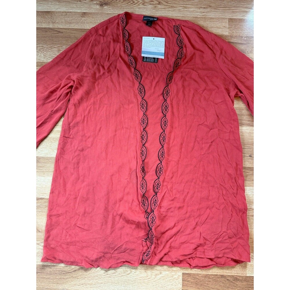 Anthony Originals Red Rayon Embroidered Kimono Cardigan Relaxed 3/4 M